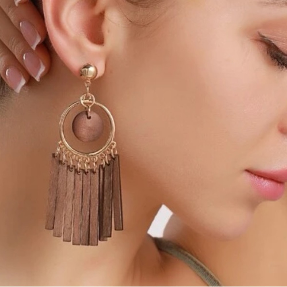 Boho Bamboo Wooden Fringe Statement Earrings | | Gold Tone Hoop Dangle Earrings